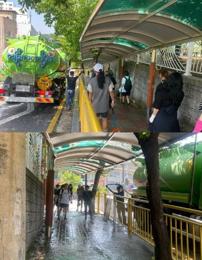 남양주시 오남읍, 어람초·중학교 통학로 물청소…학부모와 함께 만든 깨끗한 등굣길