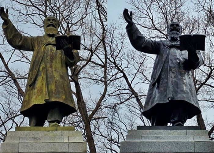 황성공원 내 최시형 선생 동상이 정비 전(왼쪽)과 정비 후 모습. 경주시는 오염 제거와 보호제 도포를 통해 동상의 원형을 회복하고 보존성을 강화했다.