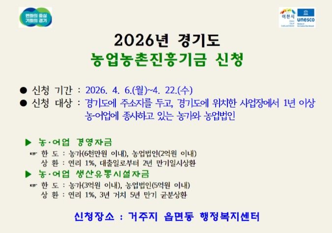 이천시, 2026년도 경기도 농업농촌진흥기금 지원사업 신청·접수