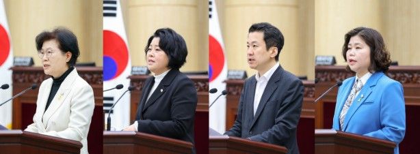 안산시의회가 8일 본회의장에서 제302회 임시회 제2차 본회의를 열고 시정질문과 5분 자유발언을 진행했다. 사진 왼쪽부터 이날 시정질문에 임한 박은경 의원과 5분 자유발언에 나선 김진숙 송바우나 박은정 의원의 모습.